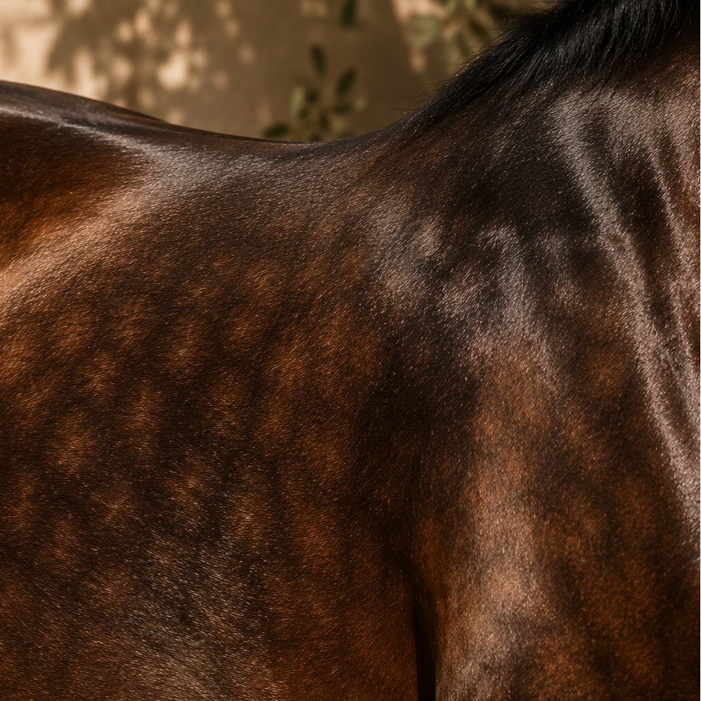 Shiny dappled bay horse coat