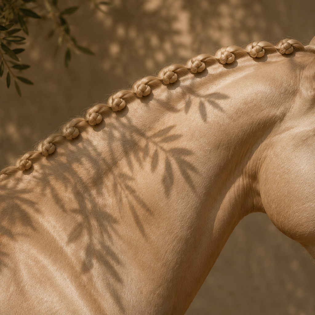 Horse with a braided mane against a natural background